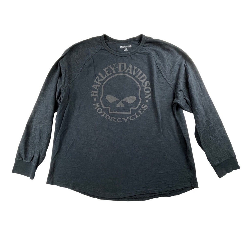 Harley Davidson Men's 3XL Skull Graphic Long Sleeve Raglan Shirt Faded Black